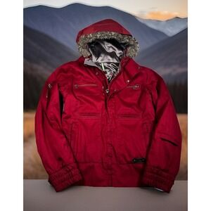 Burton Lush Dry Ride Faux Fur Jacket Women L Burgundy Hooded Breathable Ski/Snow